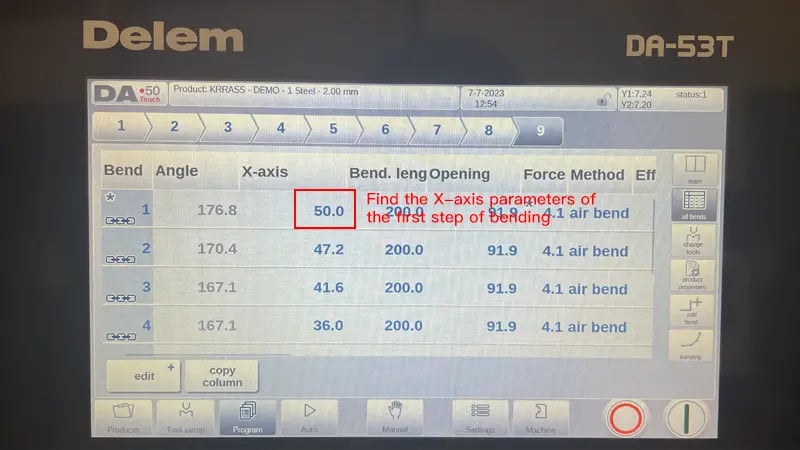 Prensa dobradeira CNC DELEM DA53T (dobra em arco) – IV - Imagens 9 Parâmetros da primeira etapa do programa DA-53T