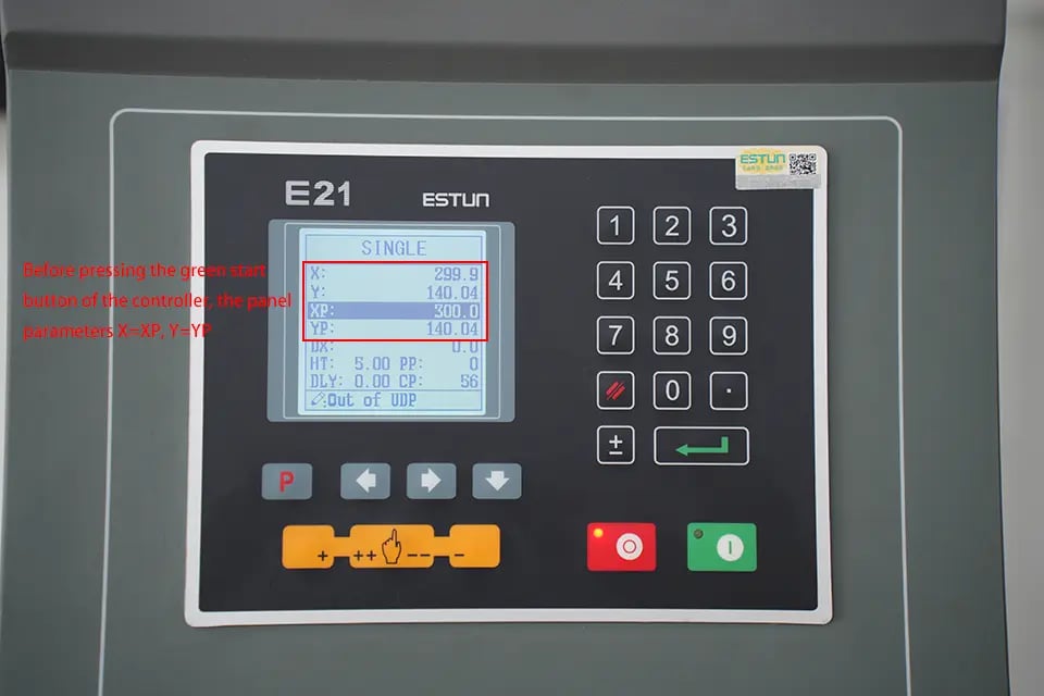 Before pressing the green start button of the controller, the panel parameters X=XP, Y=YP