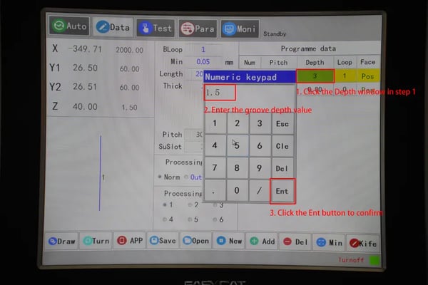 Set the groove depth in step 1